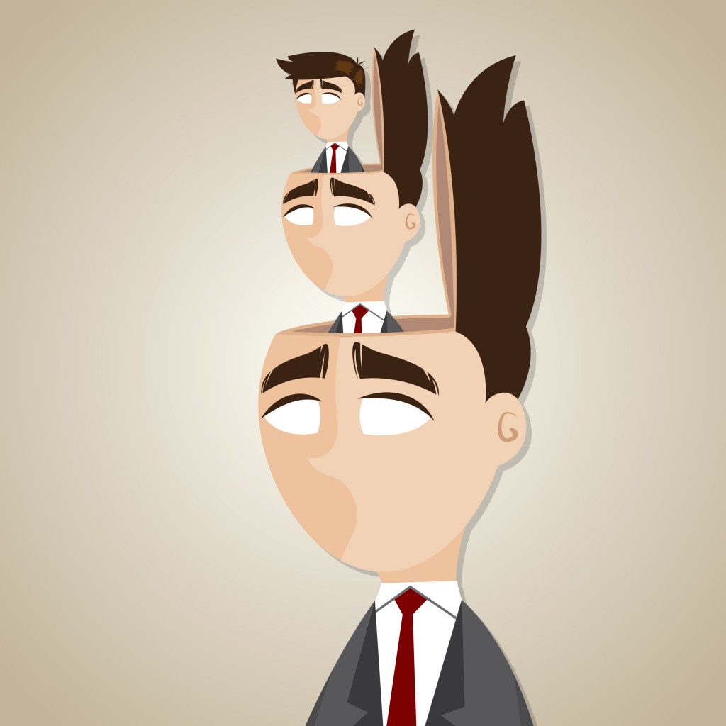 illustration of cartoon duplicate businessman in his head in manipulate concept